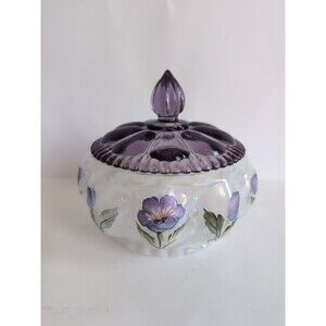 Fenton Glass Candy Dish Trellis Violet Pansy Flowers Signed Fredrick Vtg